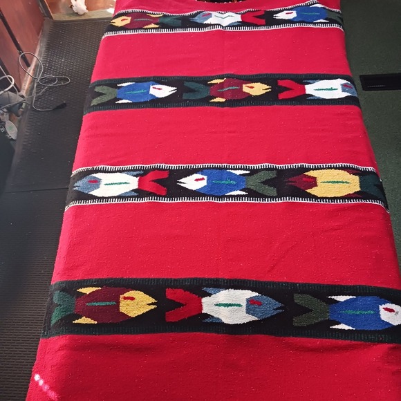 VTG Mexican Falsa Baja Blanket Heavy handwoven Red Fish motif Rug 80x45